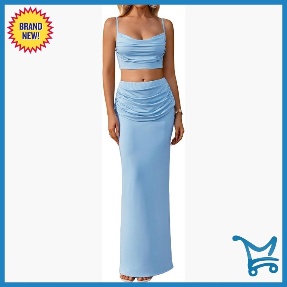 Two Piece Maxi Skirt Set Ruched Cami Top Summer Beach Outfit